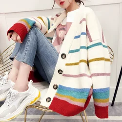spring autumn casual v-neck front open buttons up rainbow stripe ladies cardigan sweater winter women knitted loose coat