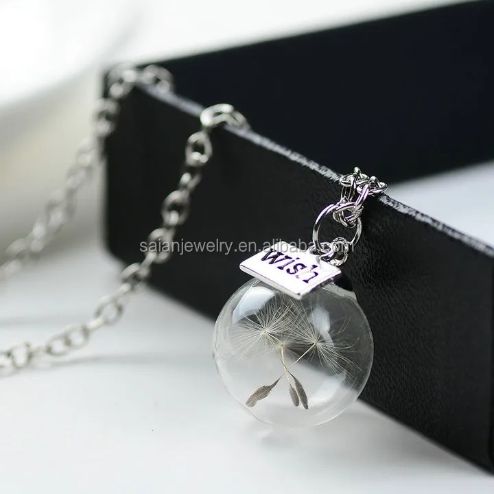 Natural dandelion seed glass bottle necklace long necklace Make A Wish Glass Bead Pendant