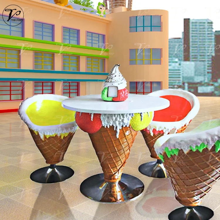 Стекловолокно мороженое конус мультфильм стол и стулья наборы магазина украшение для ресторана мебель
