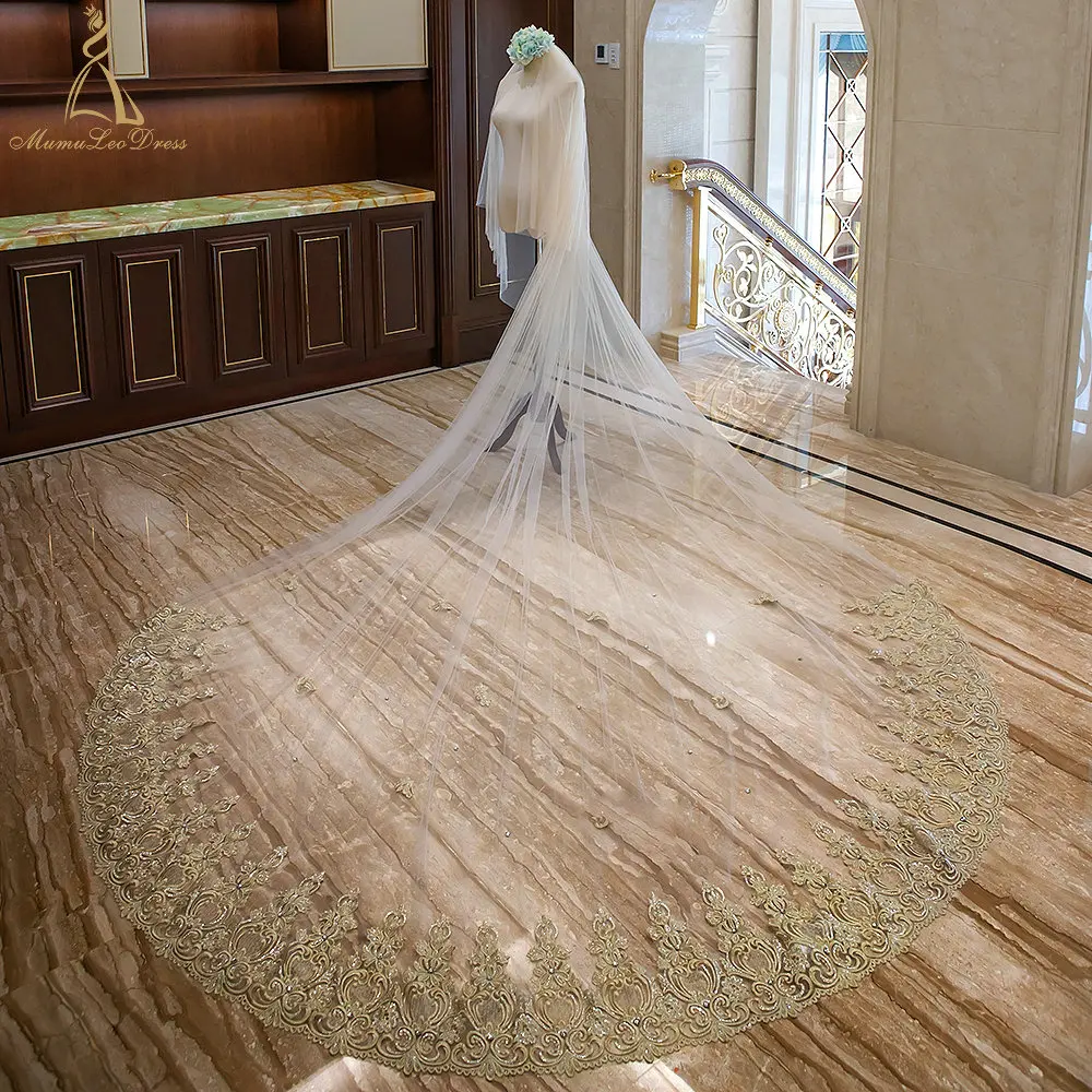 
Tulle Lace Appliqued Scalloped Long Lace Trim Champagne Colored Wedding Veil 3.5M 