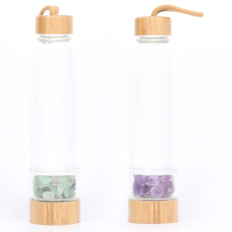 Custom Logo Glass Energy Drink Gemstone Crystal Water Bottle with Bamboo Lid