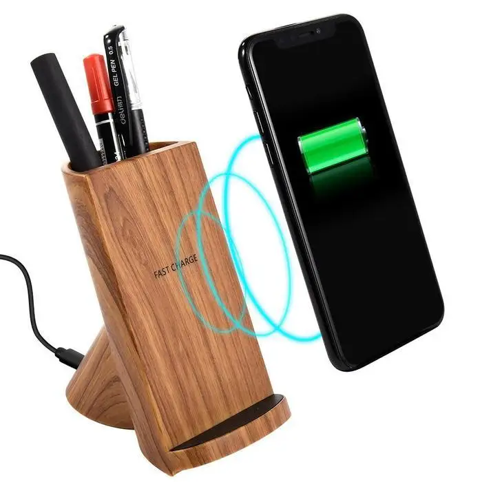 
Double coils qi wireless charger fast stand pen container 2 in 1 wireless charging douck Wooden wireless charging stand 