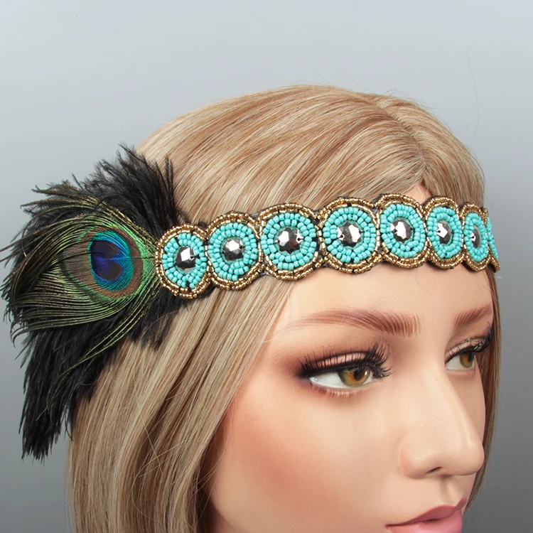 New design style bridal crystal beaded flapper 1920s great gatsby feather carnival headdress