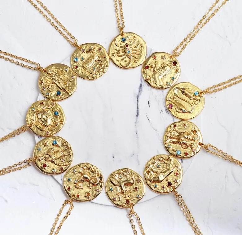 Wholesale Fashion Gold Plated Crystal Jewelry Necklaces Joyeria Dijes Zodiac Necklace Pendant for Women