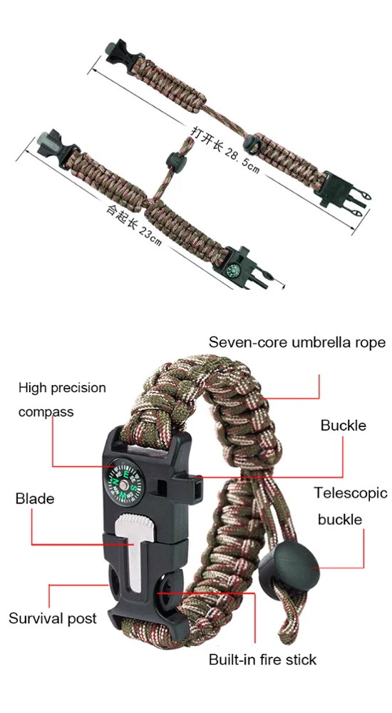 
New Survival tools whistle compass knife flint buckle survival knife bracelet Outdoor bracelet survival with men 