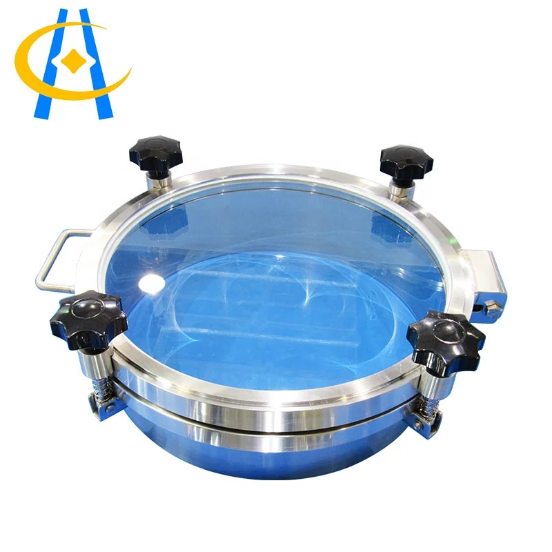 Round outward opening tank pressure manway with sight glass cover