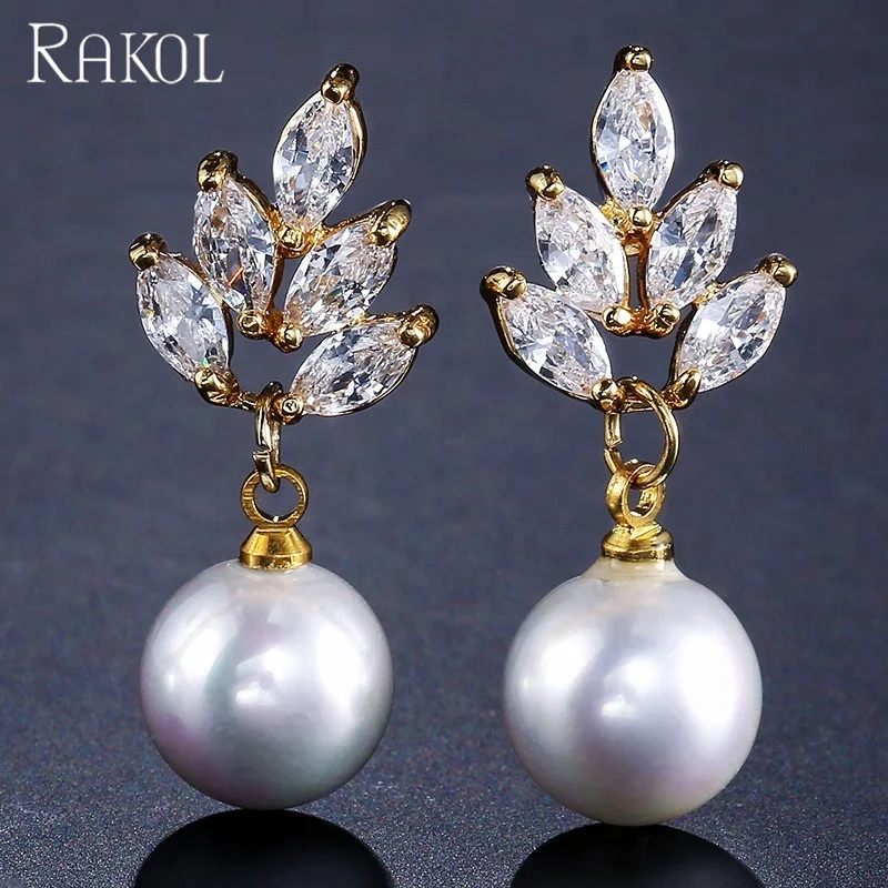 RAKOL EP499 Luxury wedding cubic zirconia bridal zircon crystal CZ big pearl earrings