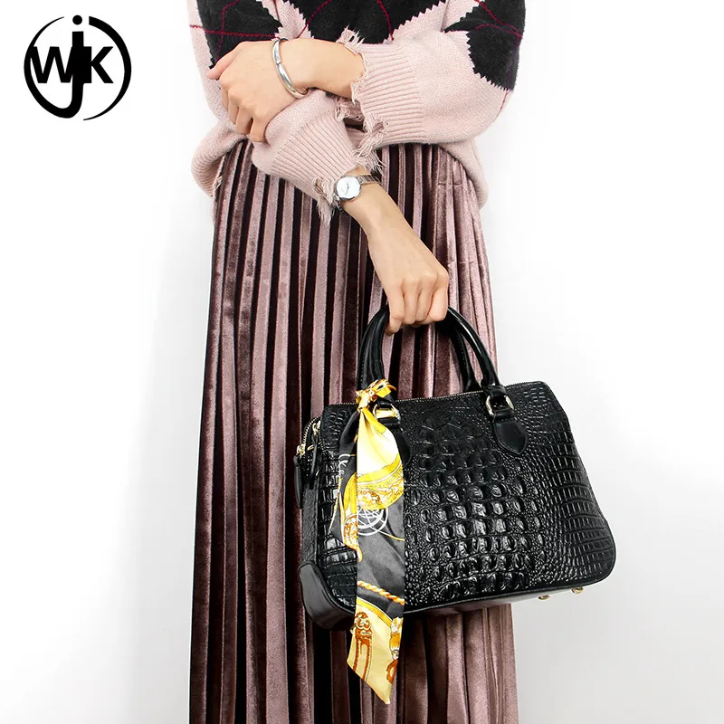 manufacturers genuine leather embossed crocodile sling bag ladies black luxury handbags with scarf