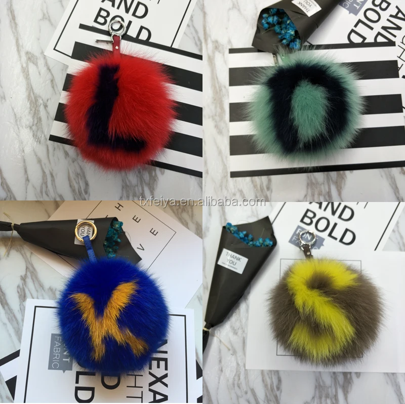 Karl Lagerfeld Design Alphabet Letter Real Fox Fur Pom Poms Key Chains