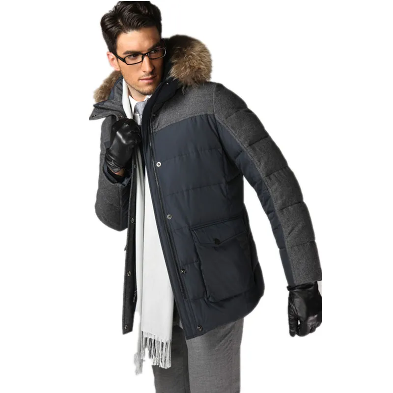 
Mens Custom Wool Winter Hooded Fur Collared Down Coat Wholesale 