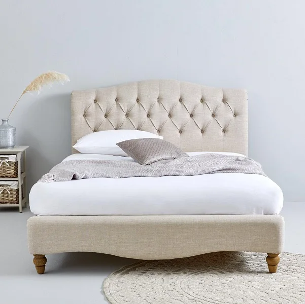 
deep buttoned sleigh headboard low foot end double size linene fabric upholstered bed 