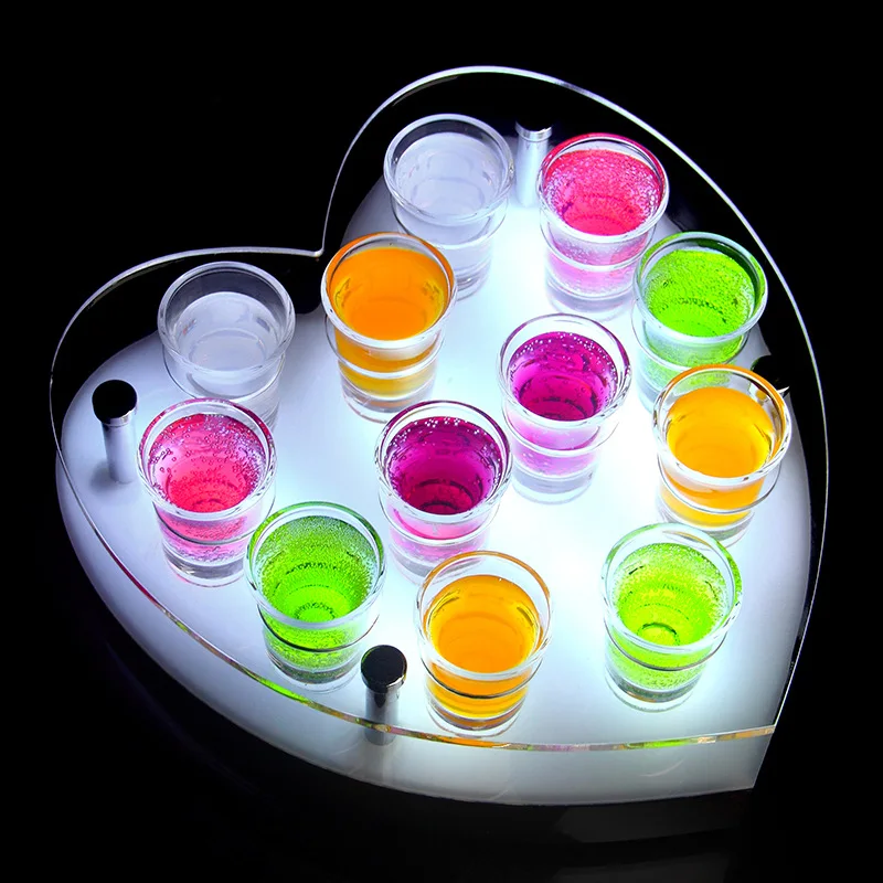 Acrylic shot glass serving tray heart shape RGB LED cup holder