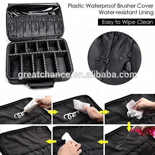 
3 Layers Waterproof Makeup Bag Travel Cosmetic Case Brush Holder with Adjustable Divider- soft cosmetic case supplier 