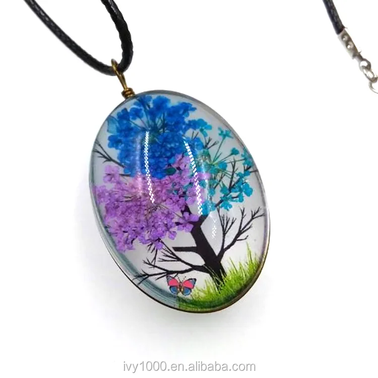 Hot sale Resin Flower Pendant Flower Jewelry Glass Oval Pendant Necklace Real Pressed Flower Crystal Jewelry for Girl