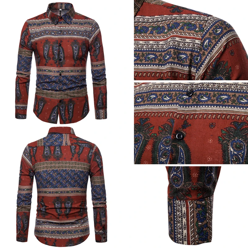 Men Linen Floral Shirt Long Sleeve Slim Fit Top Thailand Mexico Style Elephant Shirts Casual Dress Shirt