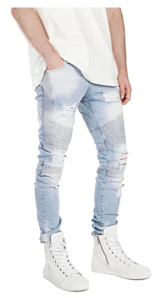 China Wholesales OEM Custom Manufacturers Dropshiping Mens Distressed Custom Skinny Ripped Denim Biker Jeans 019