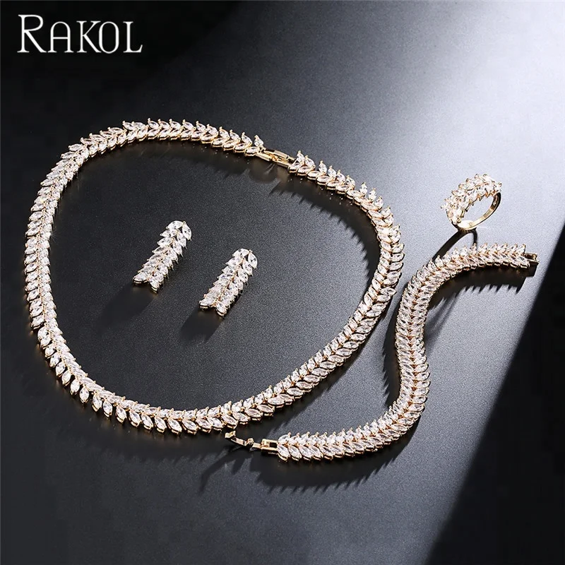 RAKOL SP289 Charm American Silver/Gold/Rose Gold Wheat Leaf CZ Zircon Necklace Four Piece Jewelry Set