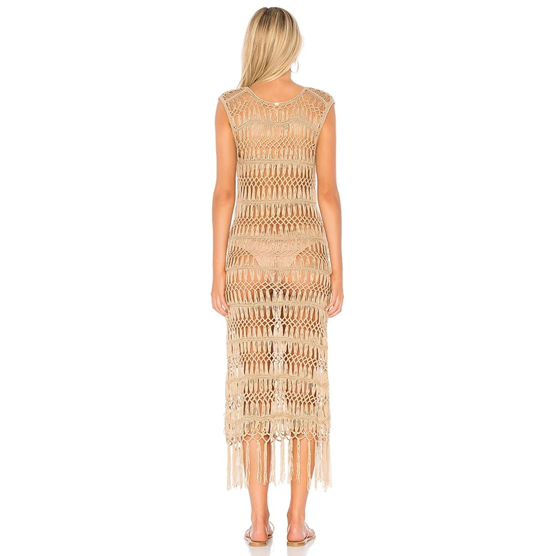 women wear Crochet fabric v-neck pullon constructionTie front closure Fringed leg hem midi calf length nightwear sexy prom dress