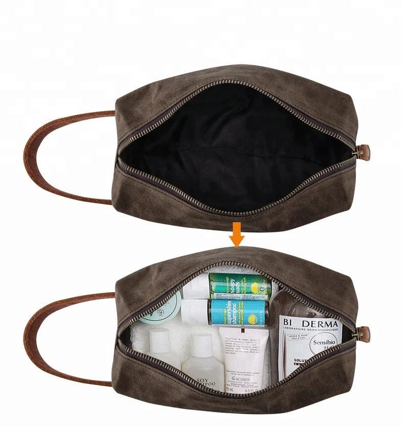 Travel waterproof men toiletry leather outdoor waxed canvas cosmetic zipper bags designer