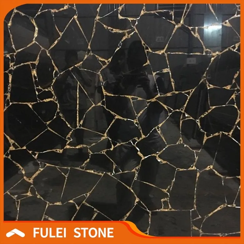 
Cheap price black obsidian stone slabs inlay gold foil for sale 