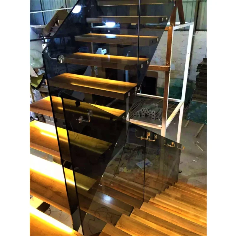
lighted solid wood ladder staircase glass railing designs 