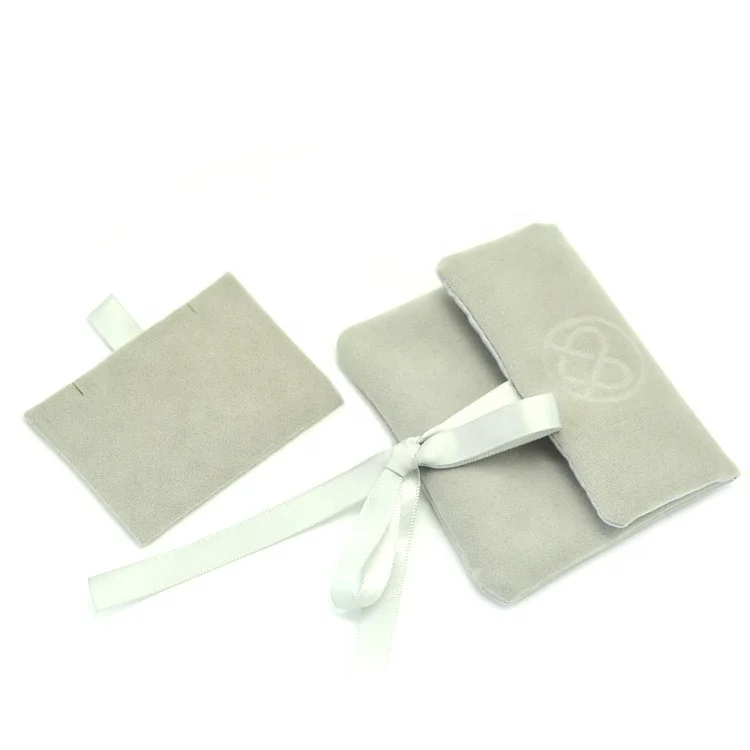 High quality light gray velvet envelope ribbon jewelry pouch with necklace insert earring pad