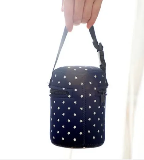 Custom insulated neoprene sublimation blank thermal round lunch tote bag /bottle carry cooler holder cover with strap and zipper