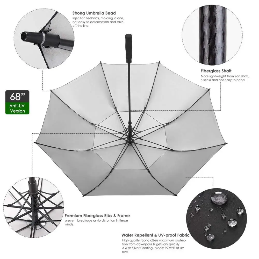
62/68 inch Windproof Large Vented Golf Umbrella Including Classic & UV Protection Version Double Canopy Rain and Sun Umbrella 