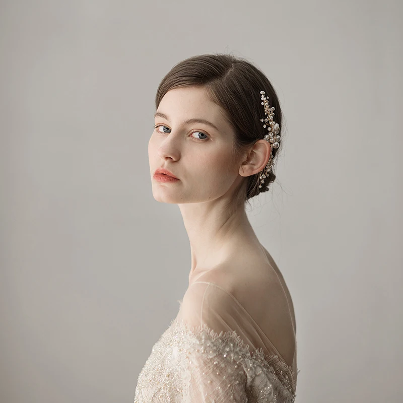 O384 Elegant Wedding Bridal Headpiece Alloy Pine Branch Pearl Crystal Bride to Be Hair Comb Women Pageant Hairwear Tiara