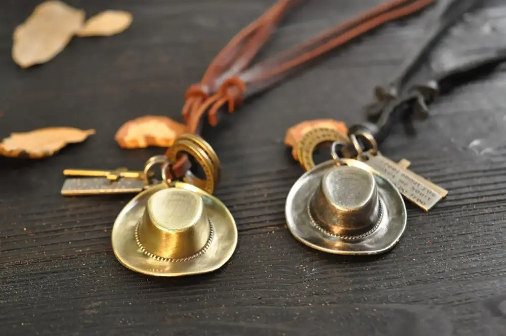 Fashion Hot Sale Cowboy Hat Retro Leather Rope Long Necklace Pendant Woman Man  Necklace