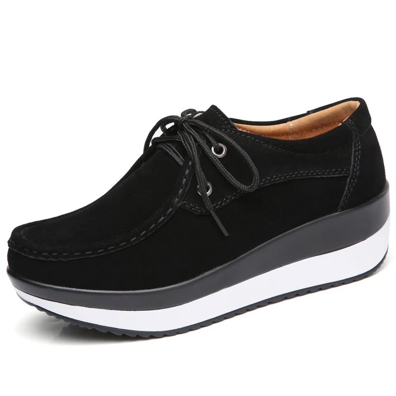new design lace no tie shoes woman suede leather loafer ladies platform shoes