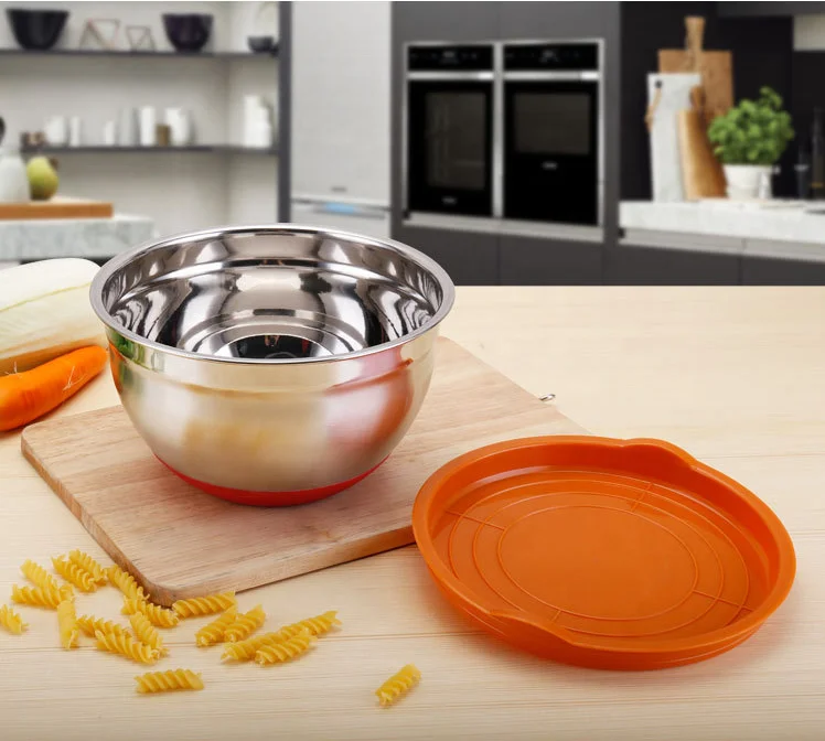 
China wholesale stainless steel basin with silicone lids and measurement lines with plastic cover fruit salad mixing bowl set 