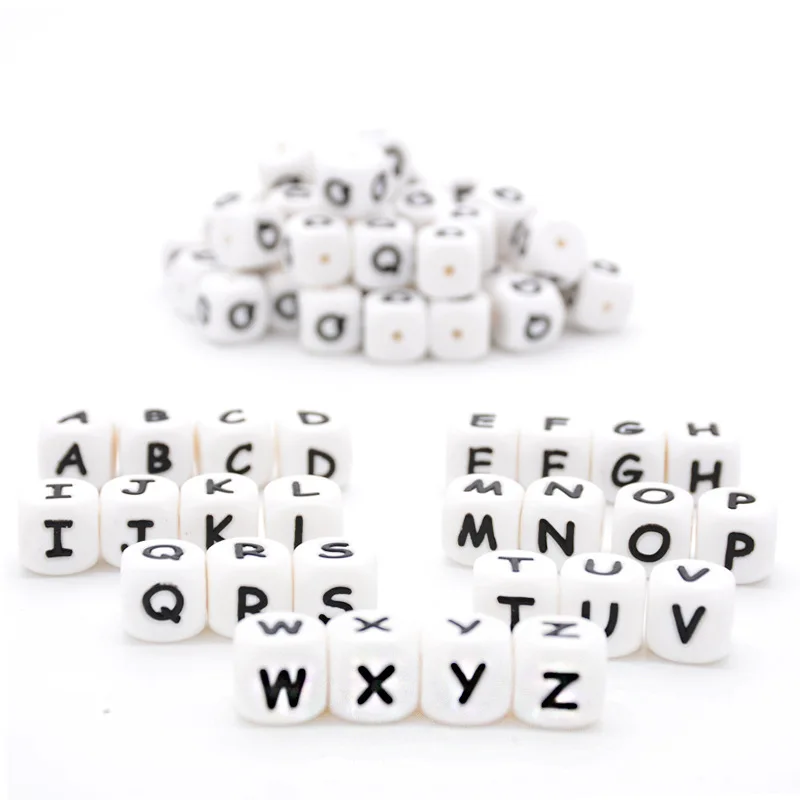 
12MM BPA Free Food Grade English Russian Letters Square Soft Silicone Chewing Baby Teething Alphabet Teether Beads 