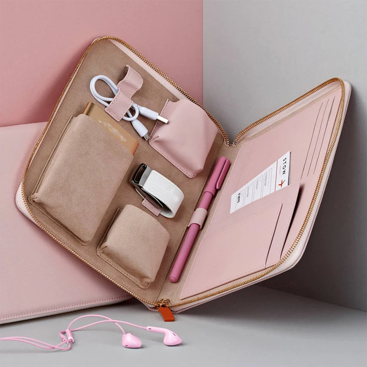 custom genuine leather travel tech case electronic accessories digital accessory storage bag card passport holder organizer case