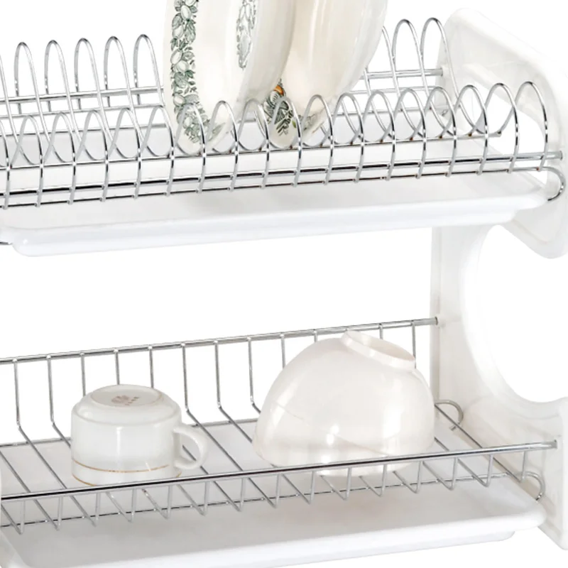2 Tier Kitchen Dish Rack Dryer Organizer Counter Iron Metal Wire Stainless Steel Drainer Plate Storage Cup Rack with PP Tray