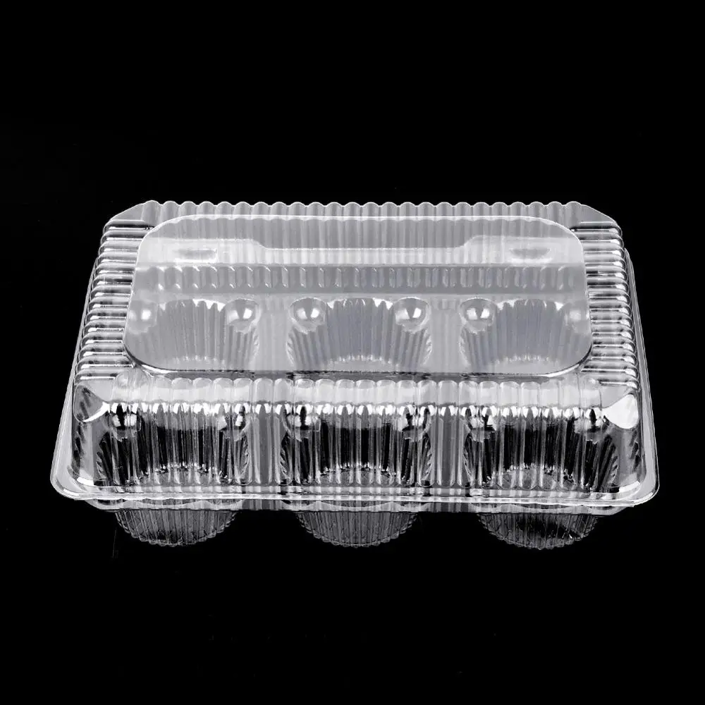Disposable Bakery Plastic Hinged PET Blister 6 Hole Cupcake Container Boxes With Lid
