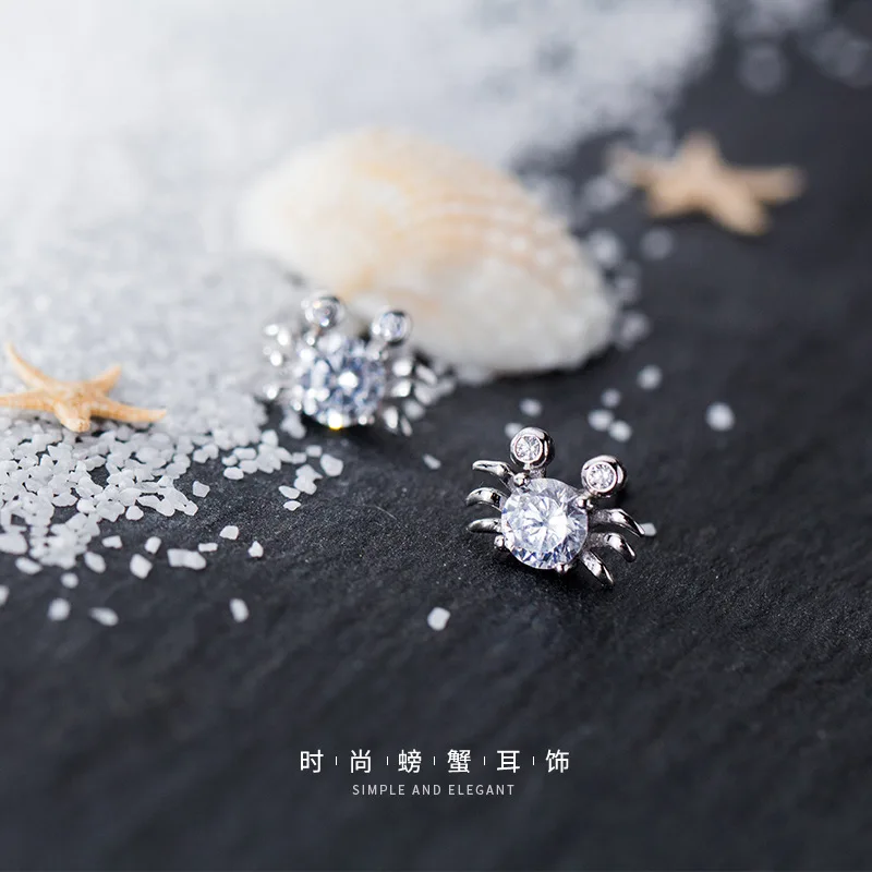 Pure 925 Sterling Silver Mini Cubic Zircon Crab Shaped Stud Earrings For Christmas Gifts Jewelry