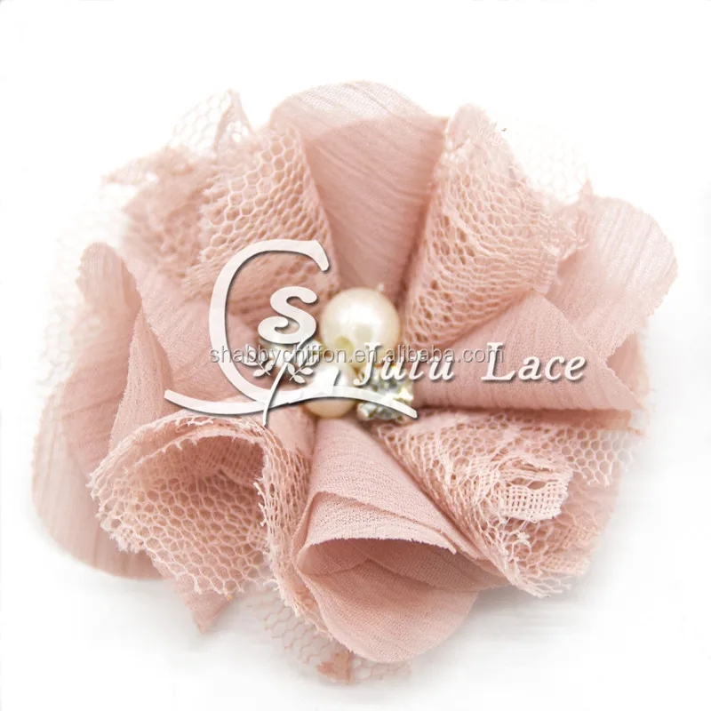 New hair accessories mini craft flower- handmade pearl center chiffon flower-Vintage Chiffon Lace Flower