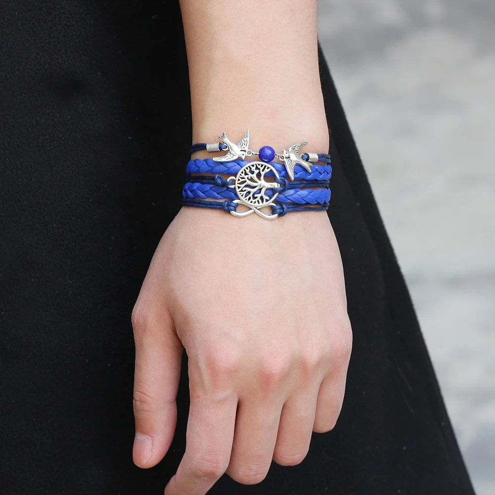 Alloy tree of life charm & birds charm multilayer leather braid bracelet womens fashion leather bracelet