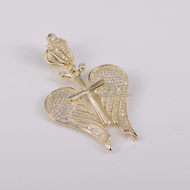 
Mens14K Yellow Gold Lab Diamond Cross Wings Angel Pendant 