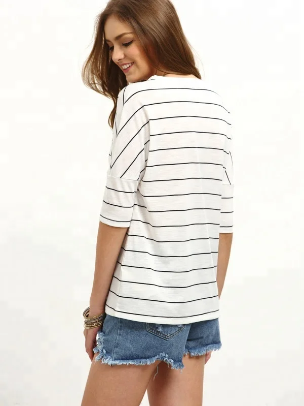 Ladies V Neck Stripe Elbow Half Sleeve T-Shirt