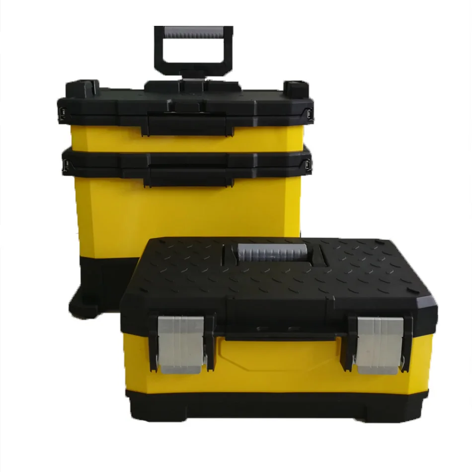 Stackable rolling toolbox plastic mobile tool box cart with wheels and telescopic comfort grip handle with wheels