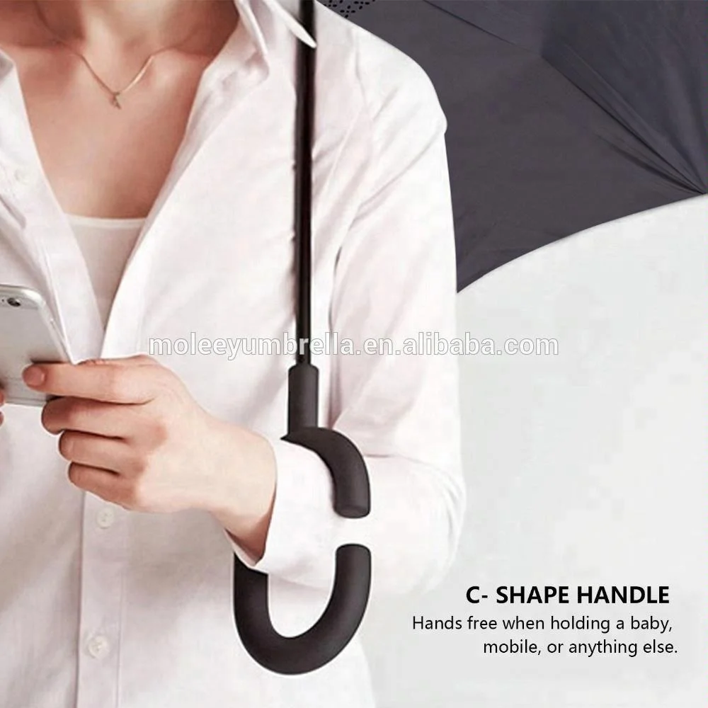 Logo Customize Reverse Folding Magicbrella C Handle Hands Free Inside Out Upside-Down Inverted Umbrella For Wholesale