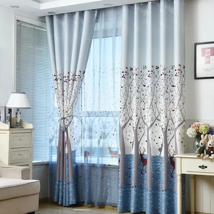 New Design The Forest And The Elk In Blue Printed Blackout  Curtain For Living Room Window Curtain Decoration