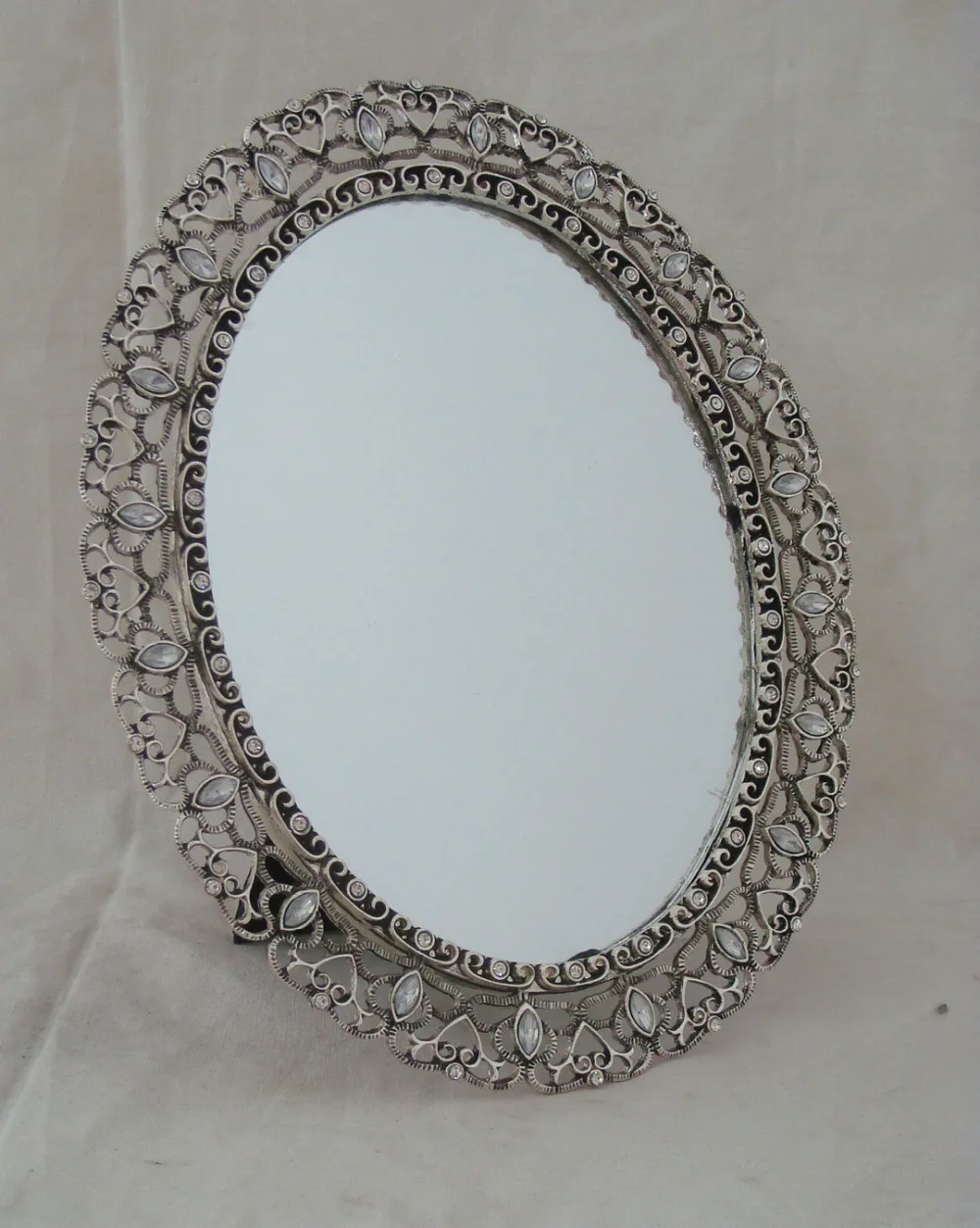 
Antique Silver Tabletop Mirror with Acrylic Studded Elegant Oval Mirror(P04037m) 