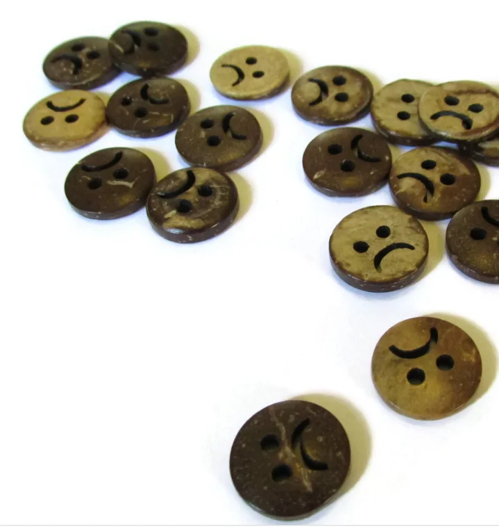 Stand Type Coconut Shell Buttons with Brown Happy Sad Face Design