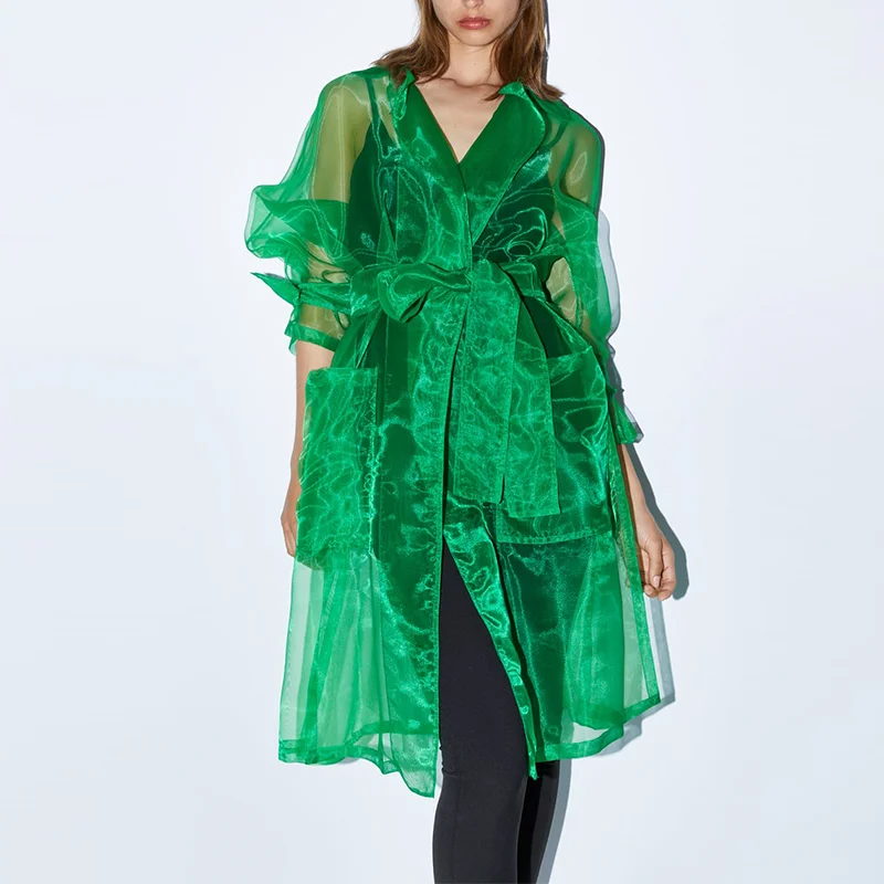 2019 New Arrival  Organza Lapel Collar Long Coat Women Trench Ladies