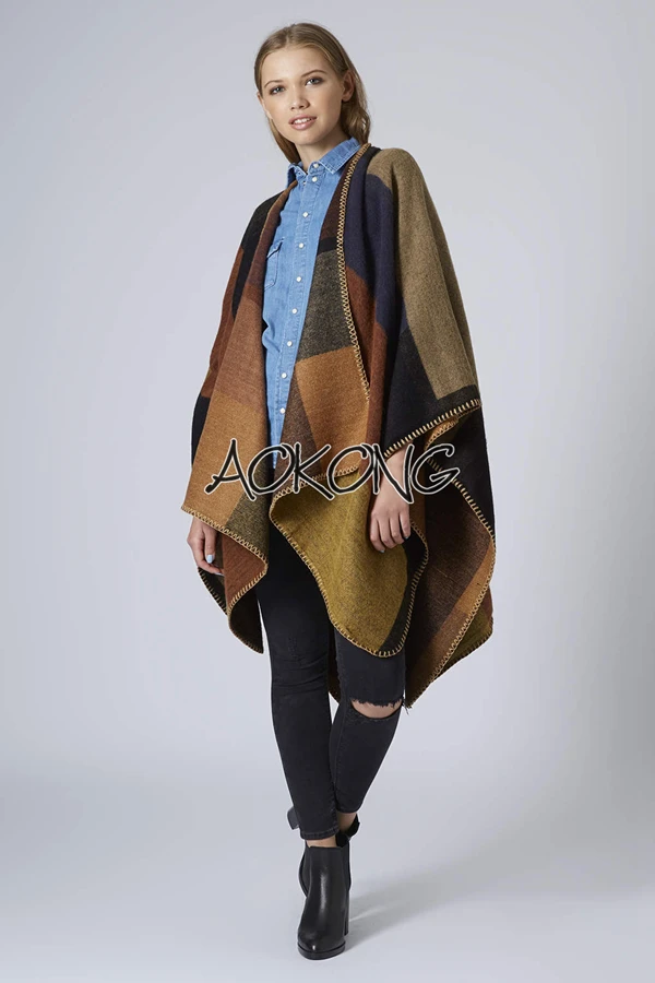 2015 brand colour block stitched blanket cape coat winter scarf plaid women poncho wraps check top cashmere acrylic shawls