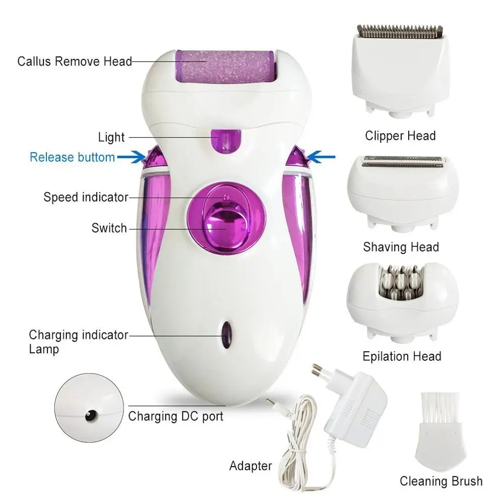 4 in 1 Rechargeable Callus Remover with Removable Head Hair Clipper/Lady Shaver and Epilator
