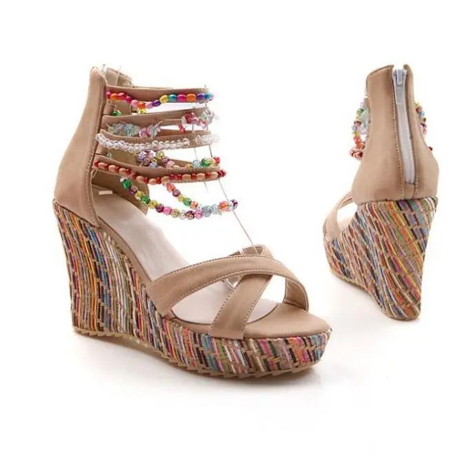 up-0053r Summer women platform sandals 43size new model bohemian style beaded women wedges shoes